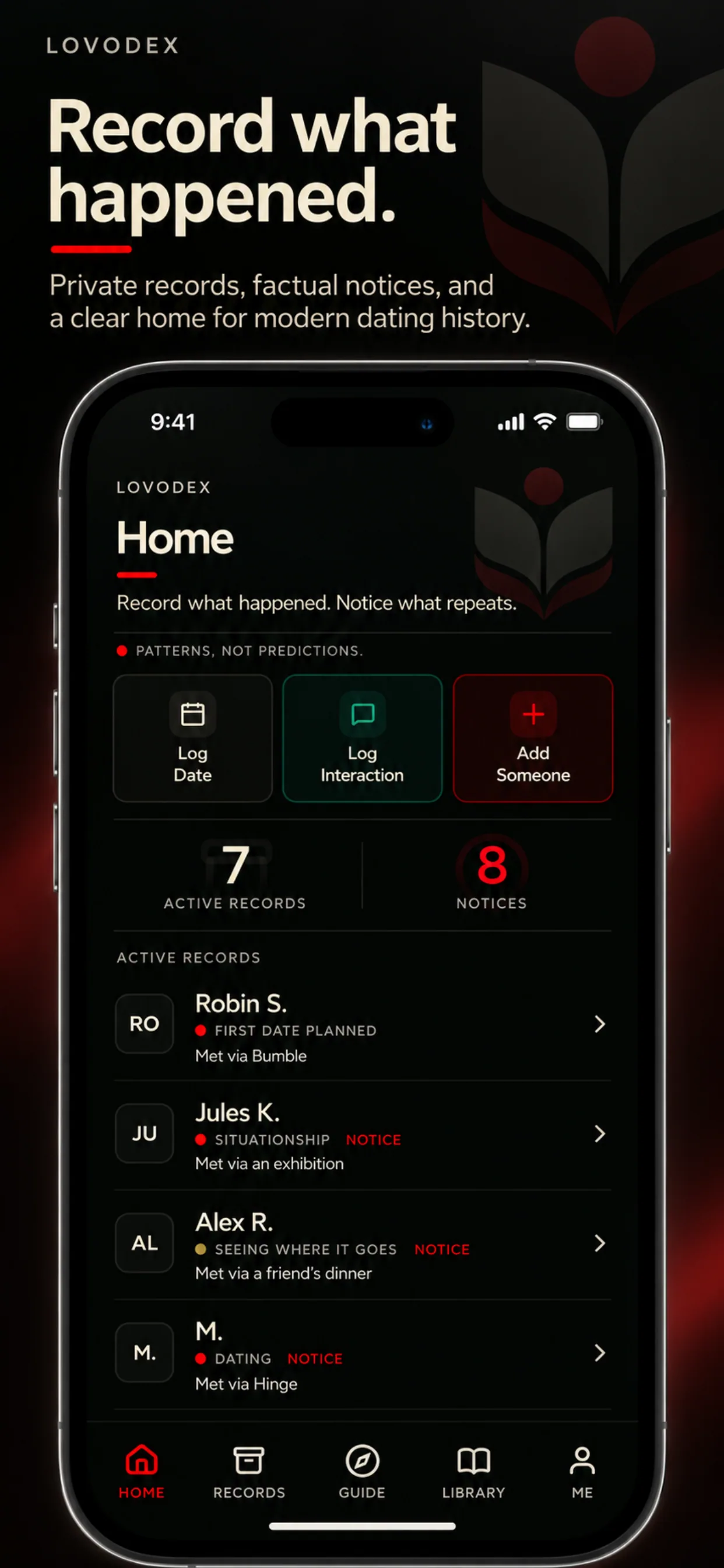 LOVODEX home screen showing active records and notices.