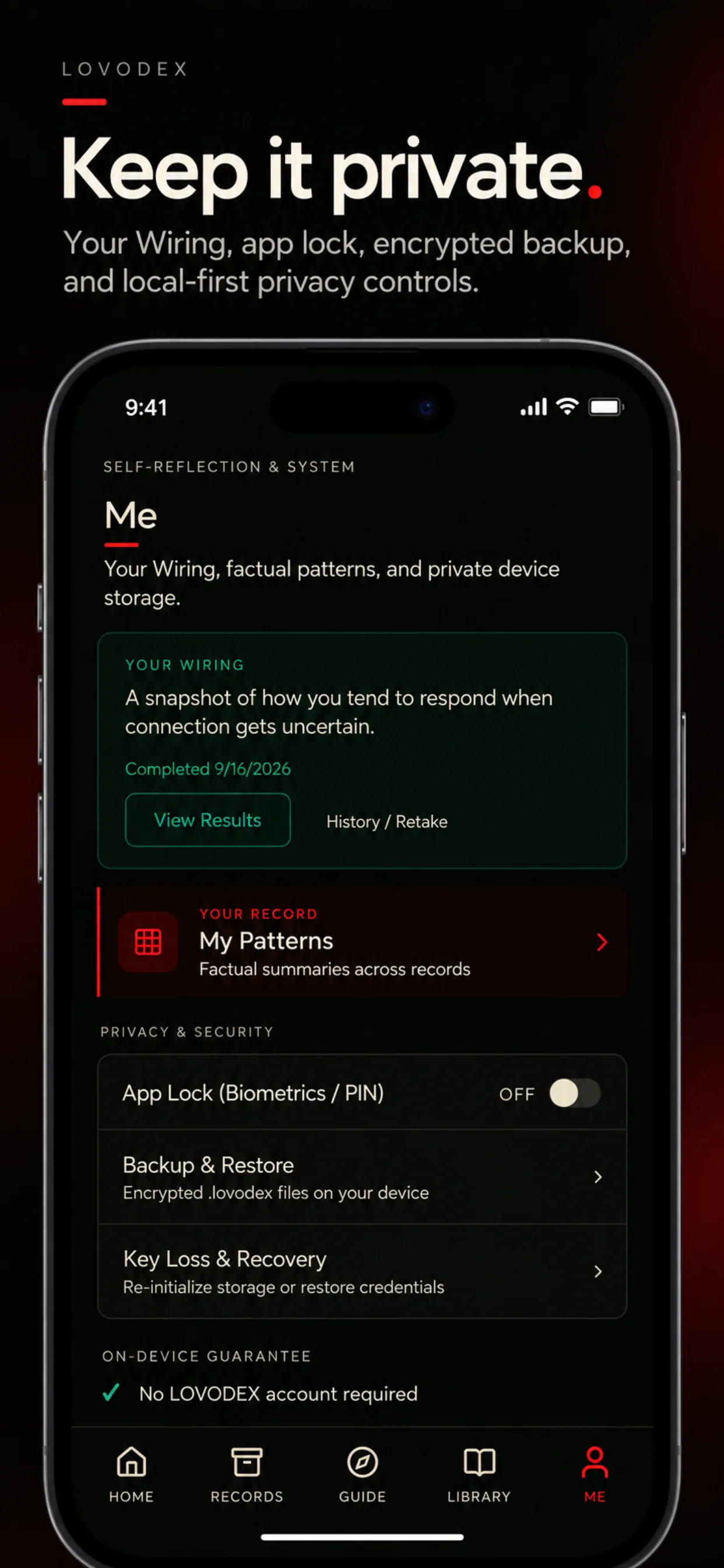 LOVODEX Me tab — Keep it private: app lock, encrypted backup, no LOVODEX account required.