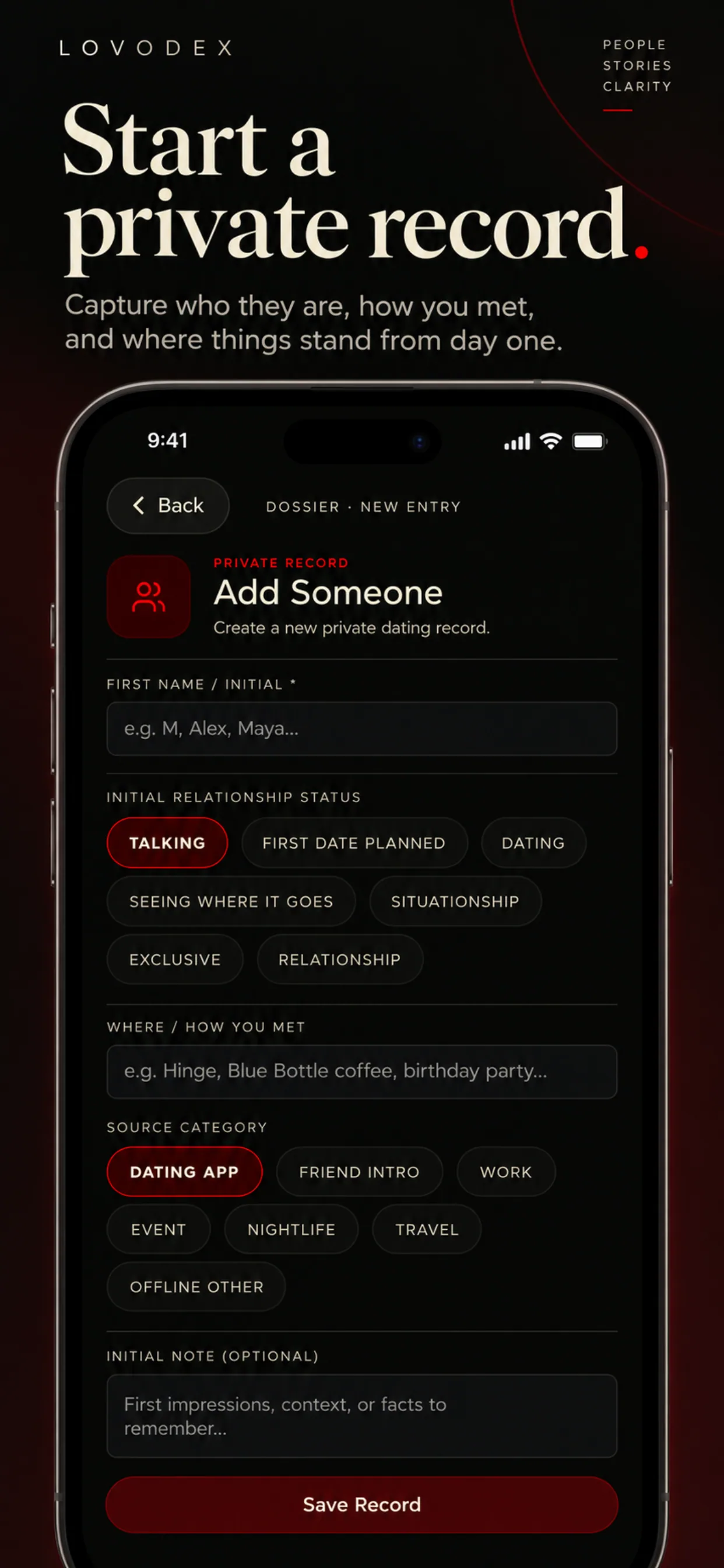 LOVODEX Add Someone screen — starting a private record.