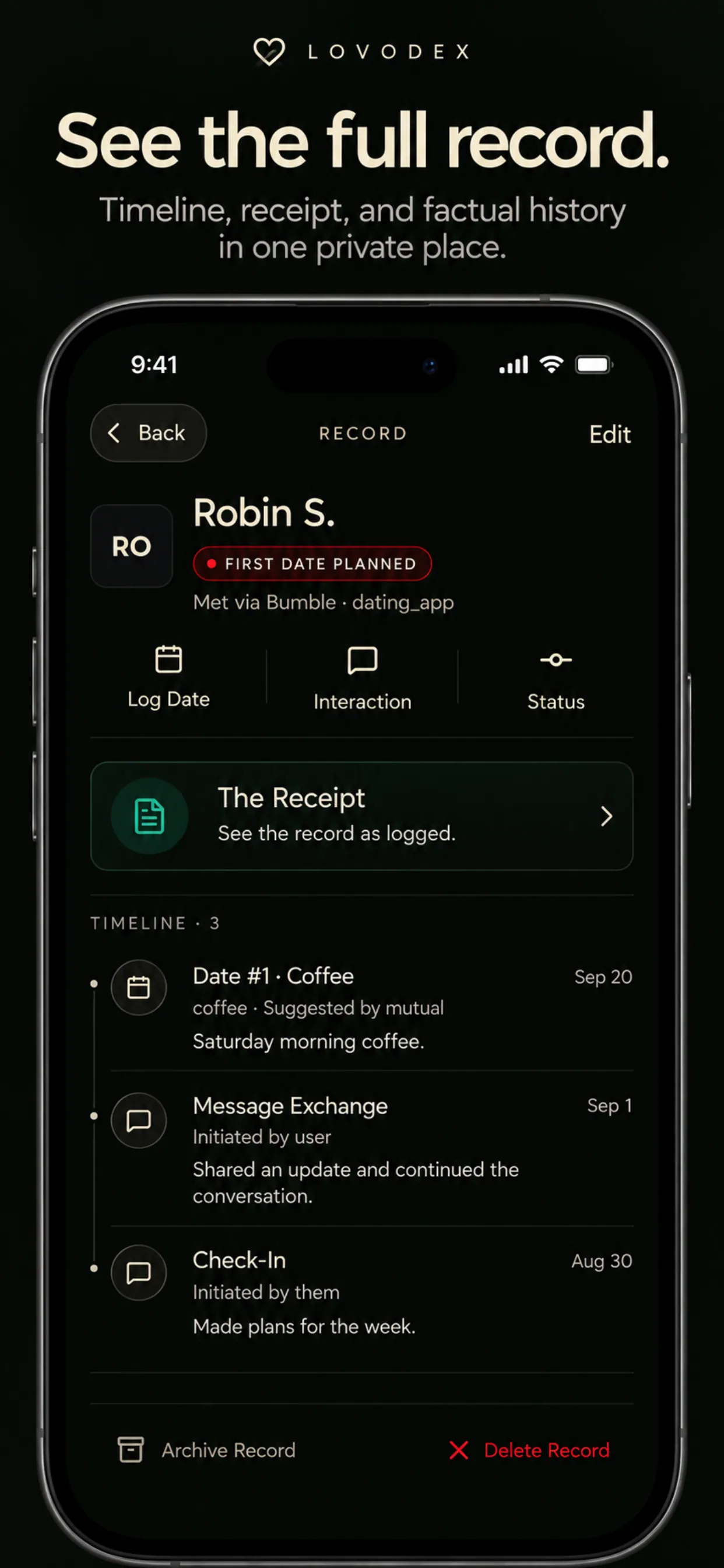 LOVODEX person detail — the timeline of a private record.