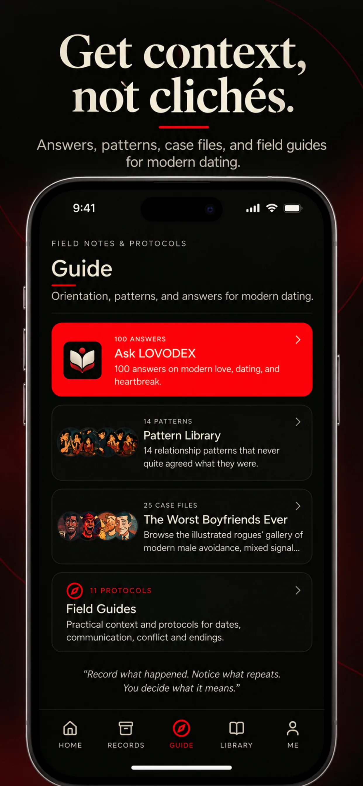 LOVODEX Guide screen — Ask LOVODEX, Pattern Library, Field Guides.